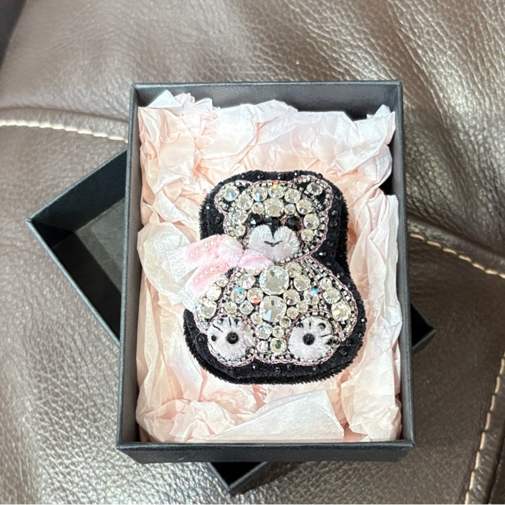 Handmade Sparkling Bear Brooch with Pink Bow